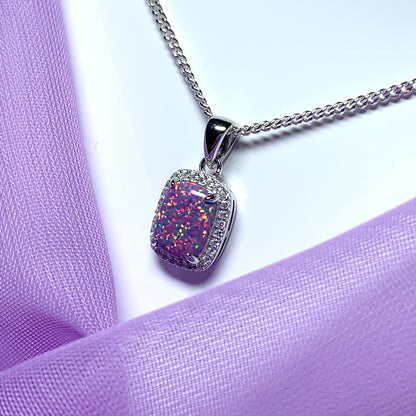 Purple opal necklace square sterling silver and cubic zirconia pendant