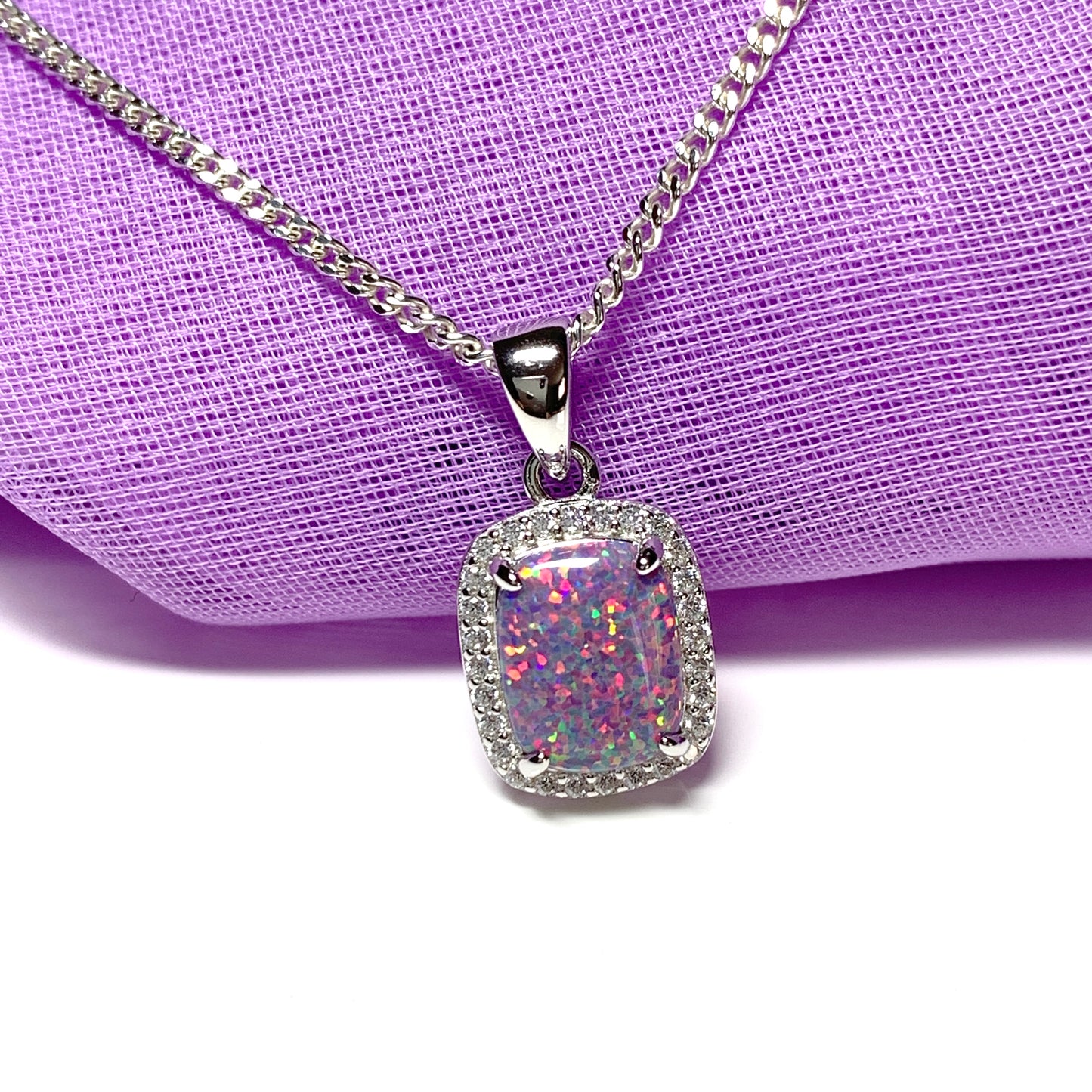 Purple opal necklace square sterling silver and cubic zirconia pendant