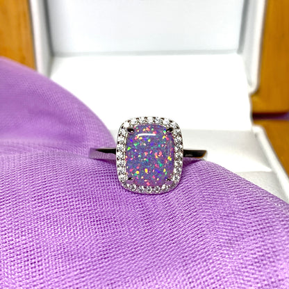 Purple opal ring cluster square sterling silver cubic zirconia