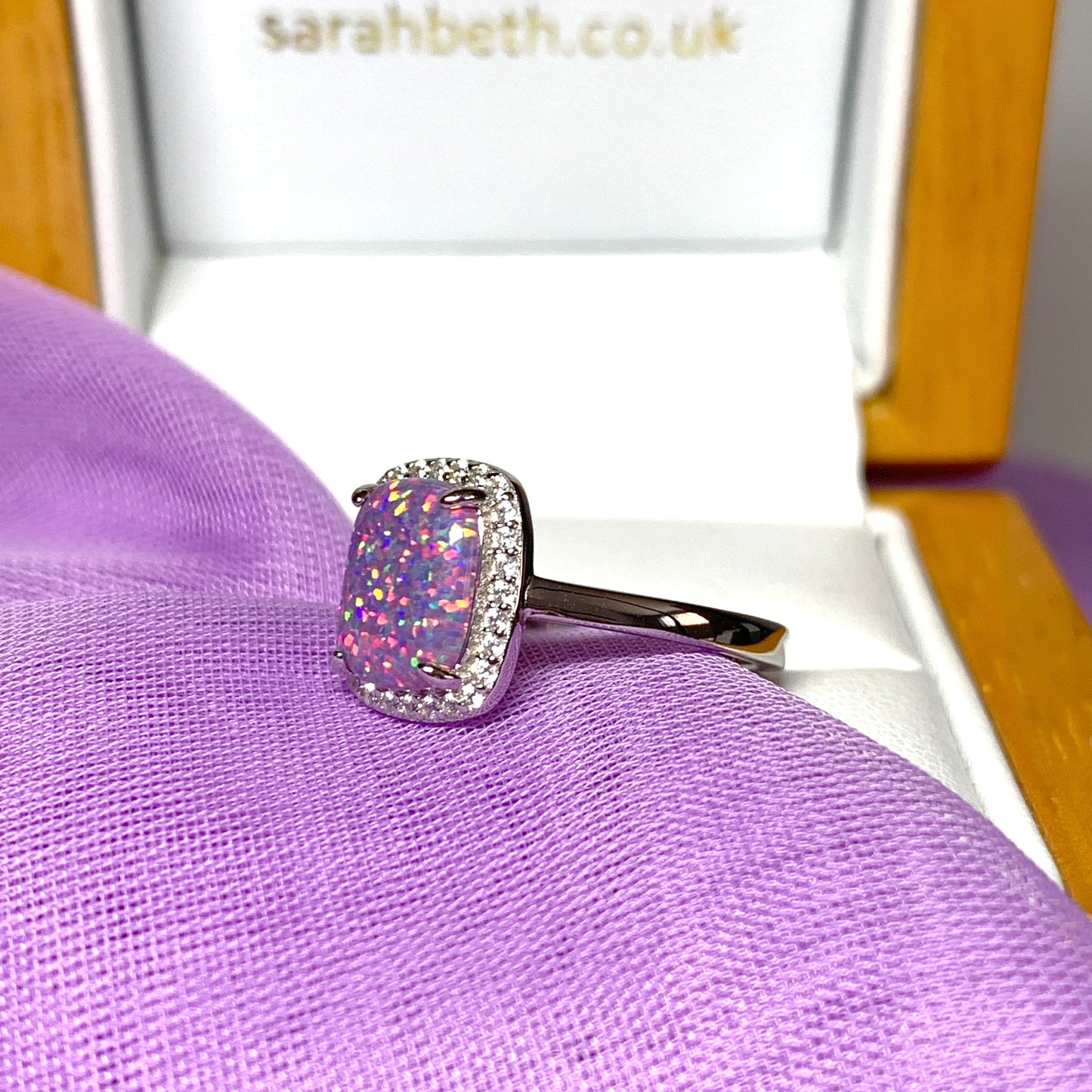 Purple opal ring cluster square sterling silver cubic zirconia