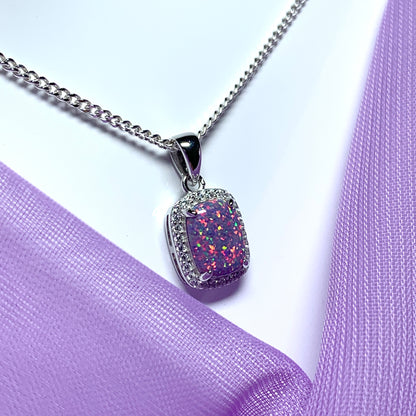 Purple opal necklace square sterling silver and cubic zirconia pendant