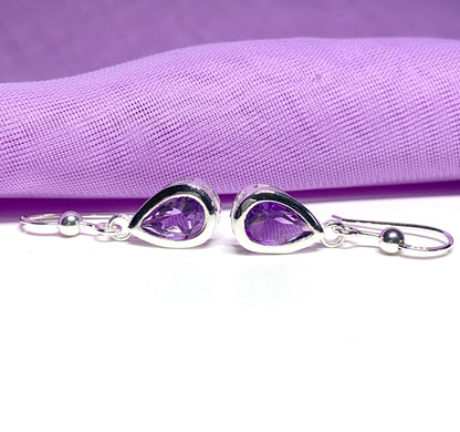 Purple pear shaped amethyst sterling silver drop earrings