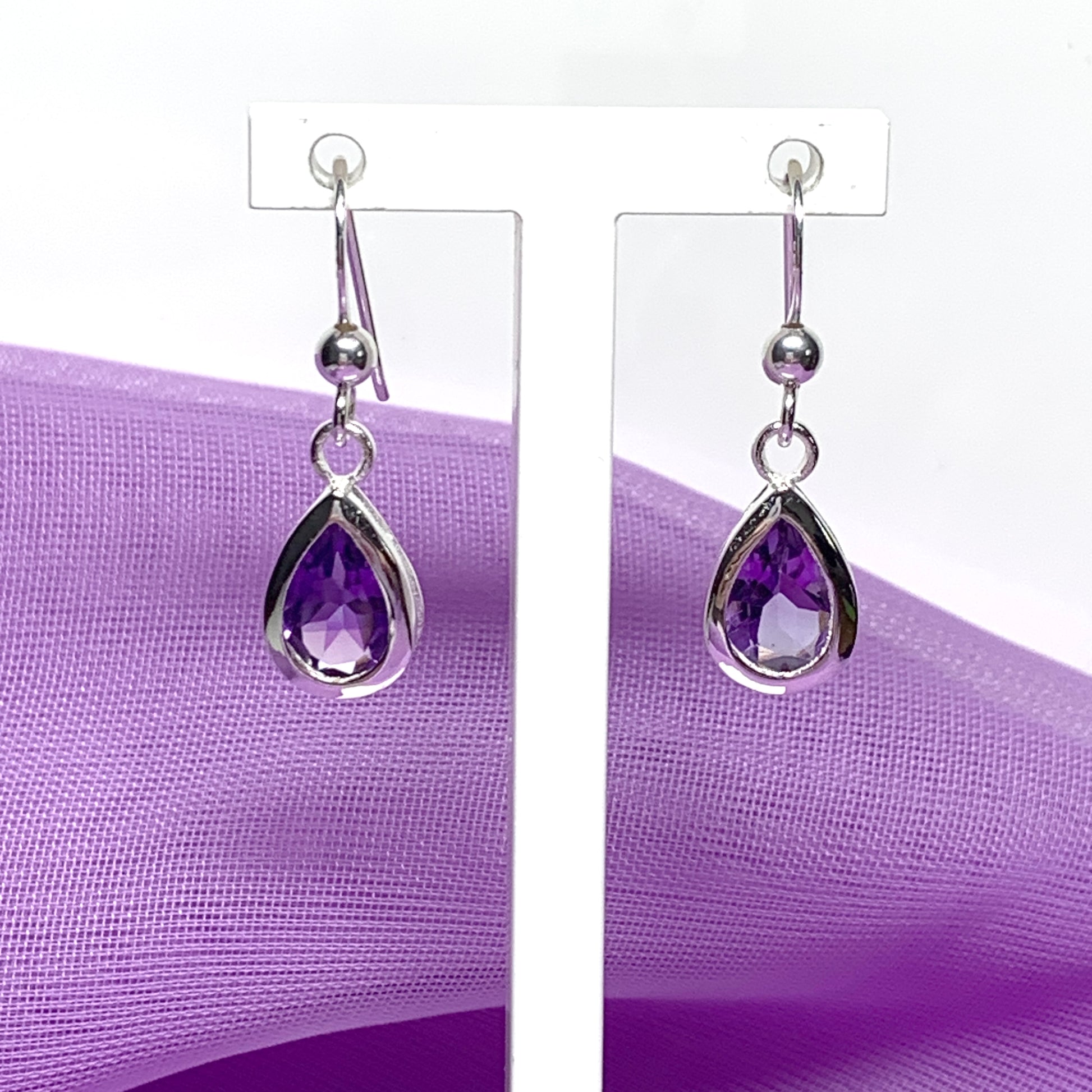 Purple pear shaped amethyst sterling silver drop earrings