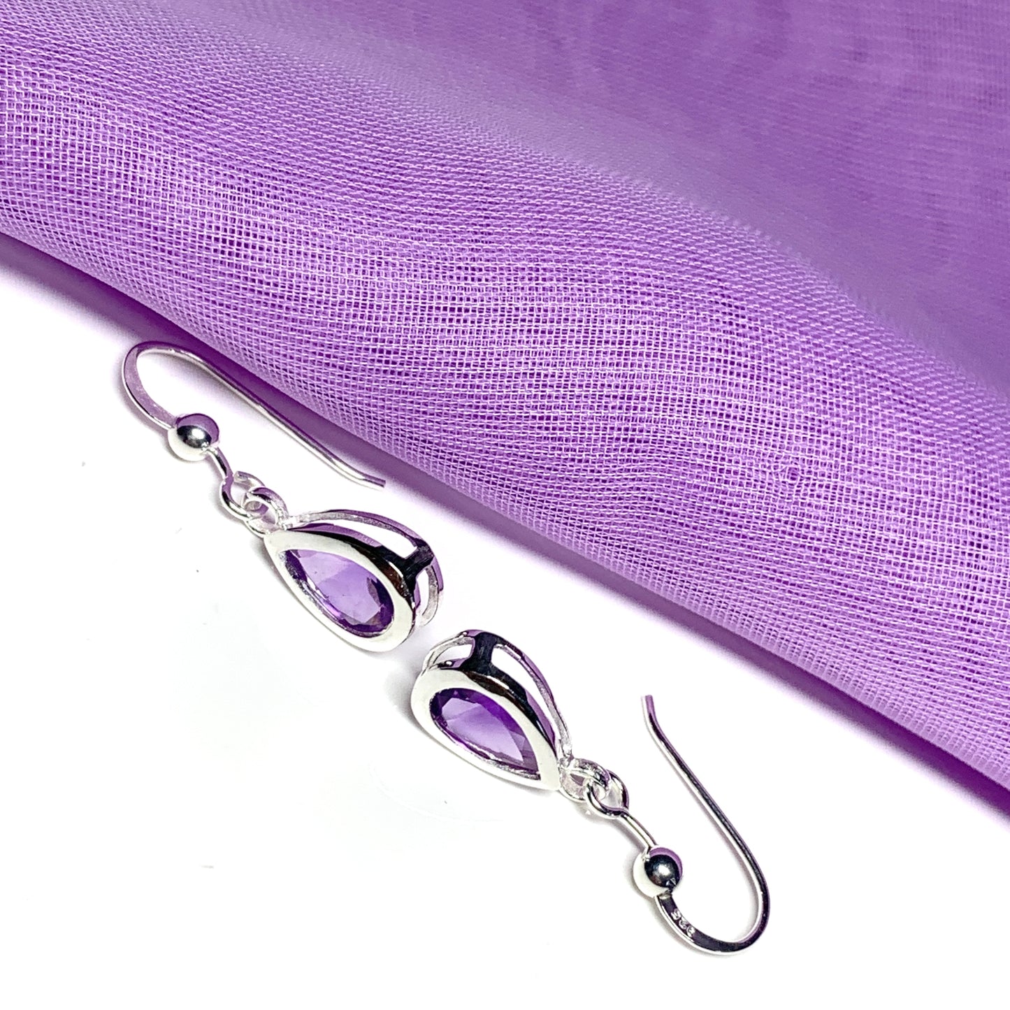 Purple pear shaped amethyst sterling silver drop earrings