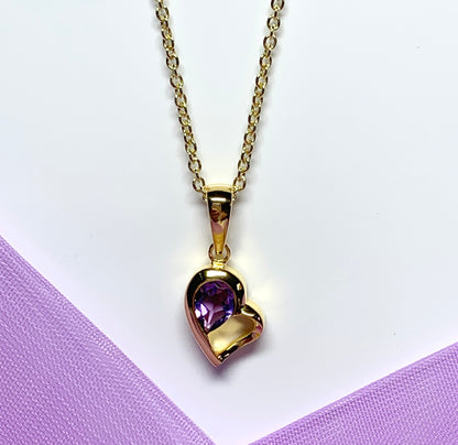 Real purple amethyst heart shape necklace pendant sterling silver gilt