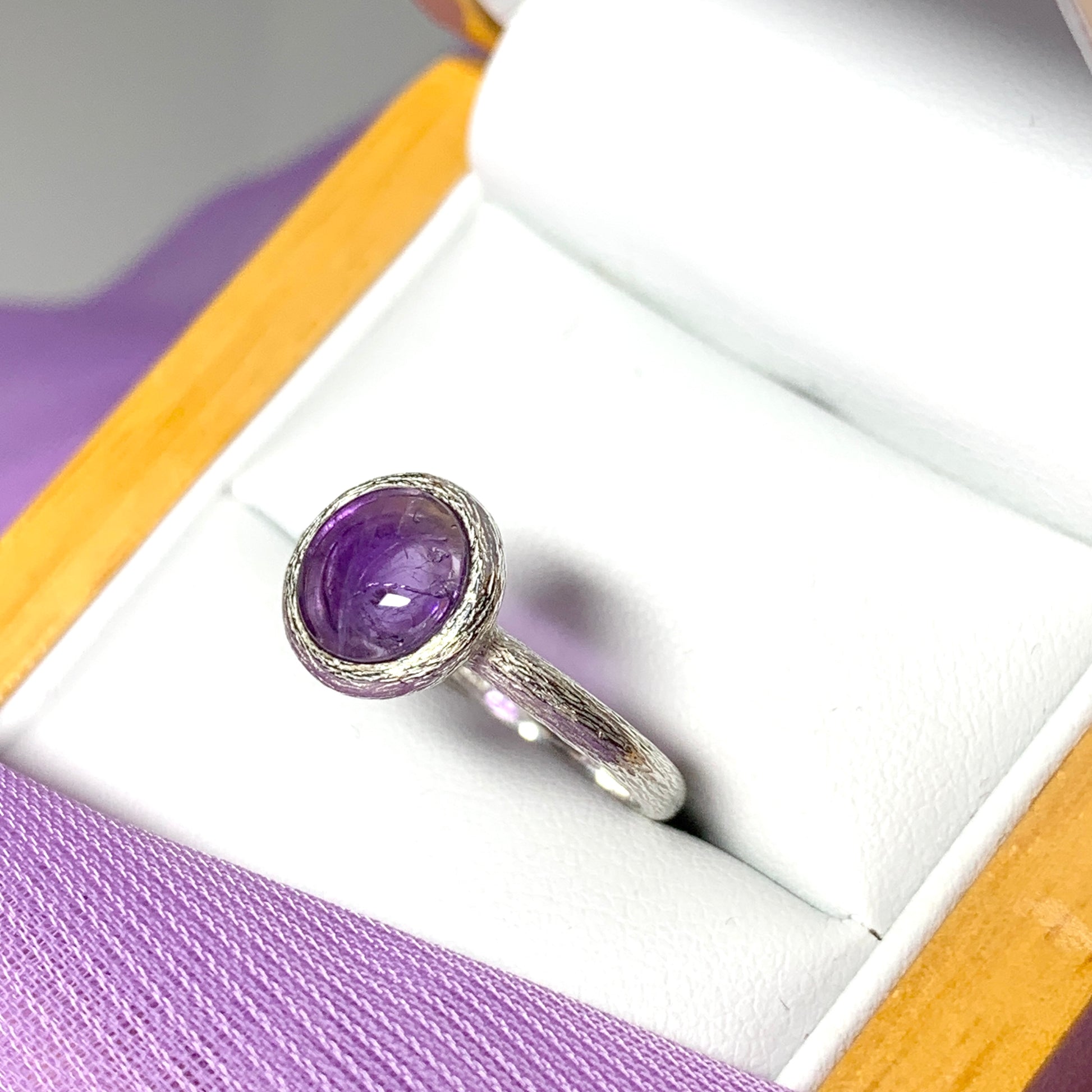 Purple amethyst round silver ring