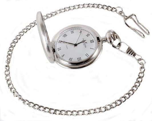 Quartz Chrome Plated Plain Pocket Watch With Chain Roman Numeral