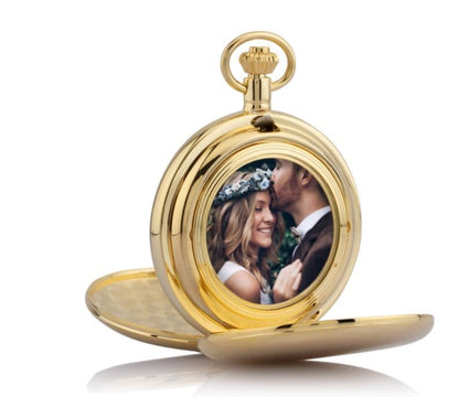 Quartz Gold Plated Plain Pocket Watch With Chain Roman Numeral With A Space For A Photograph