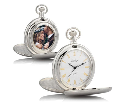 Quartz Silver Plated Plain Pocket Watch With Chain Roman Numeral With Photograph Space