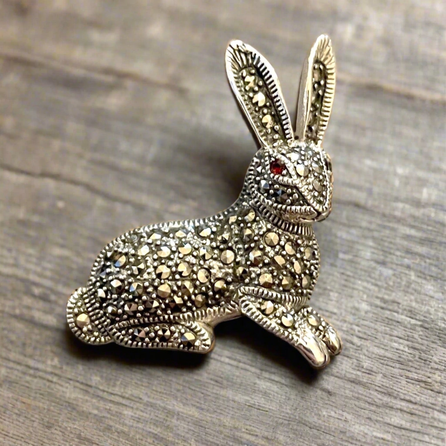 Rabbit hare sitting brooch marcasite and garnet