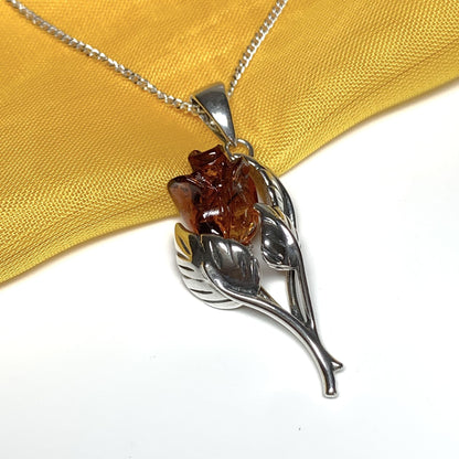 Amber Sterling Silver Rose Round Pendent Necklace