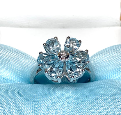 Real Blue topaz diamond round sterling silver daisy petal cluster ring