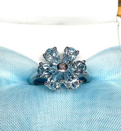 Real Blue topaz diamond round sterling silver daisy petal cluster ring