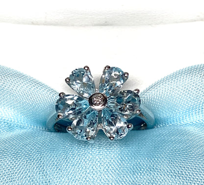 Real Blue topaz diamond round sterling silver daisy petal cluster ring