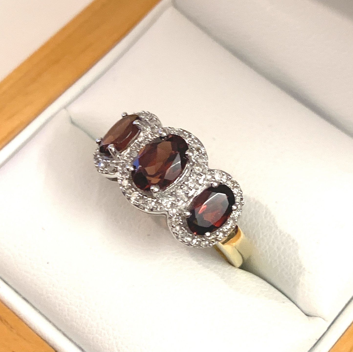 Garnet ring oval triple trilogy cluster with diamonds 18 carat yellow gold