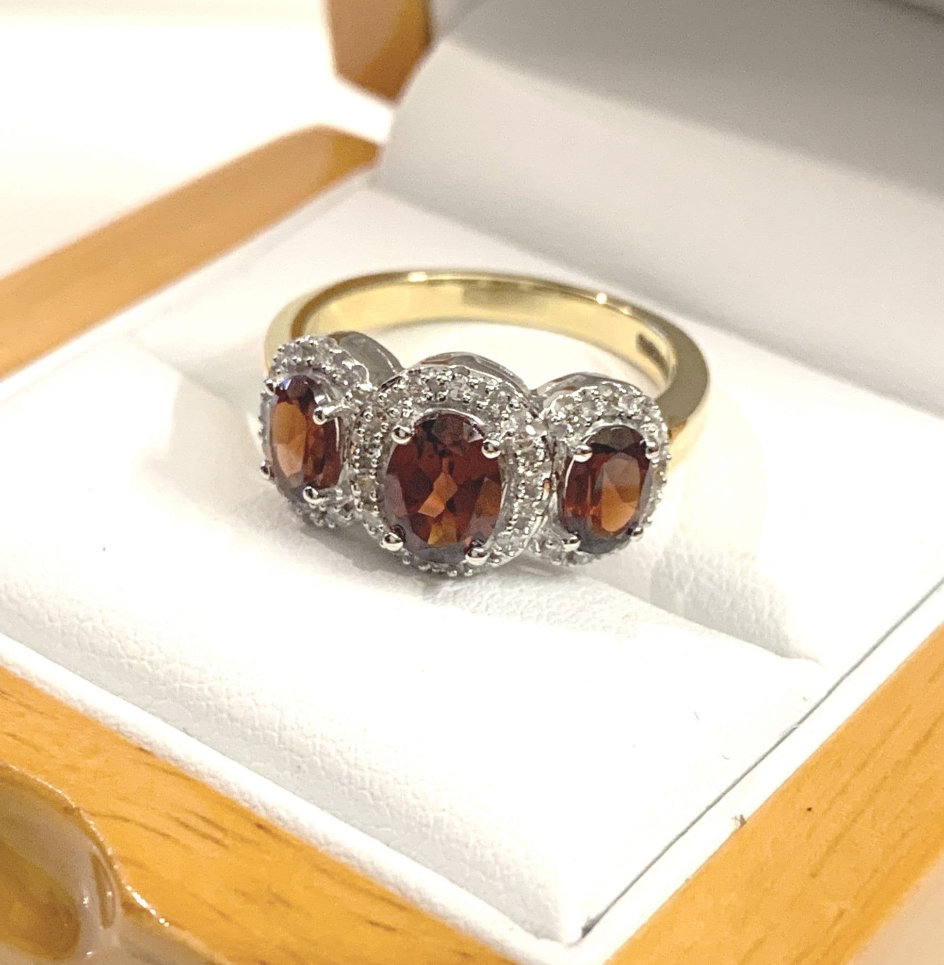 Garnet ring oval triple trilogy cluster with diamonds 18 carat yellow gold