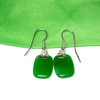 Green Jade Cushion Shaped Sterling Silver Drop Earrings