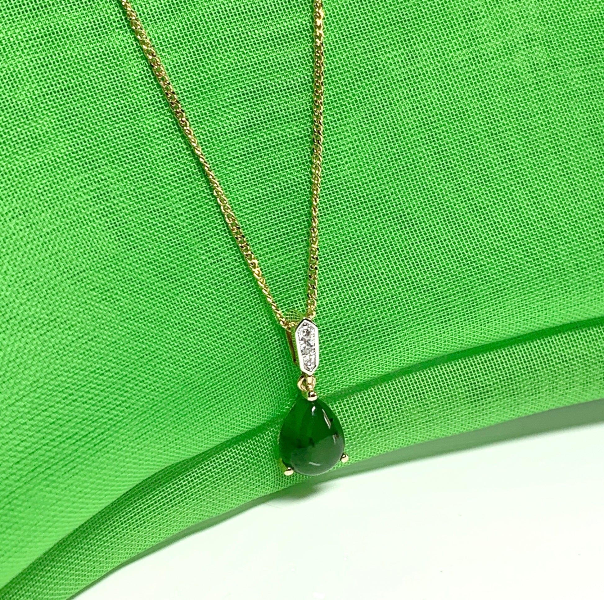 Real green jade necklace pear teardrop and diamond yellow gold pendant