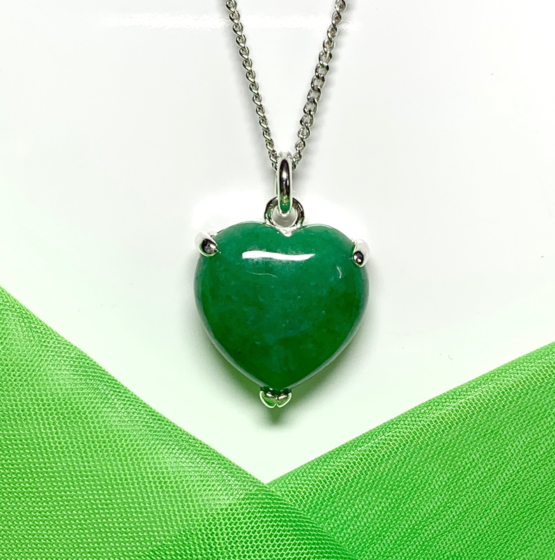 Real Green Jade Necklace Heart Shaped Sterling Silver