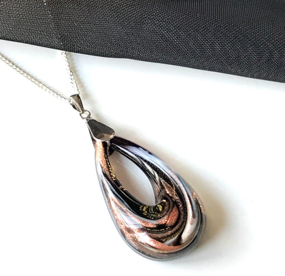 Real Murano glass necklace golden brown & black teardrop open pendant