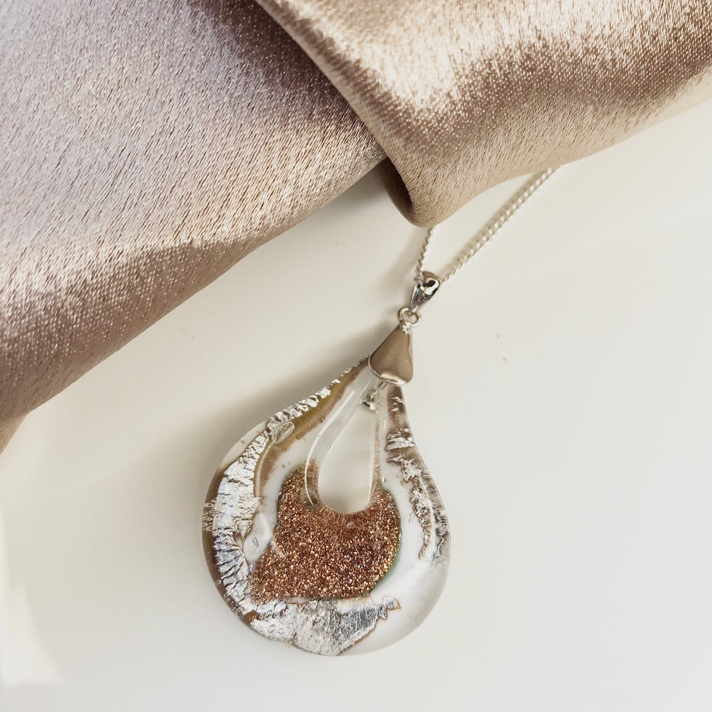 Real Murano glass necklace gold and white pendant teardrop pear shaped