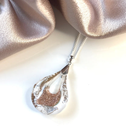 Real Murano glass necklace gold and white pendant teardrop pear shaped