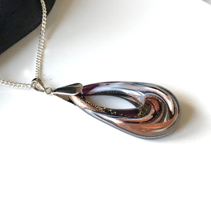 Real Murano glass necklace golden brown & black teardrop open pendant