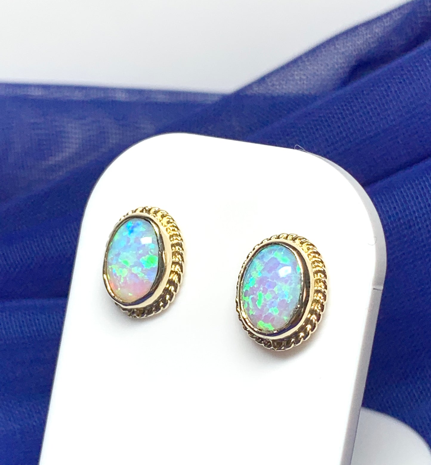 Oval Rope Edged Yellow Gold Opal Stud Earrings