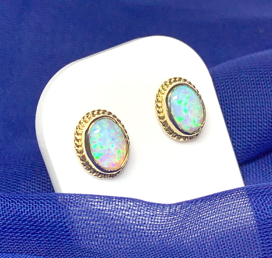 Oval Rope Edged Yellow Gold Opal Stud Earrings