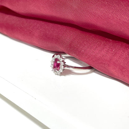 Oval Ruby Red and Diamond White Gold Cluster Ring