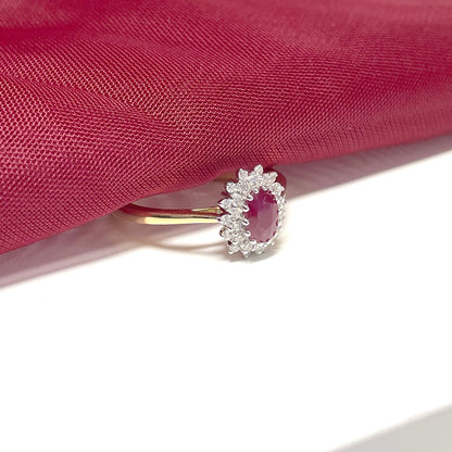 Oval Red Ruby And Diamond Yellow Gold Cluster Ring