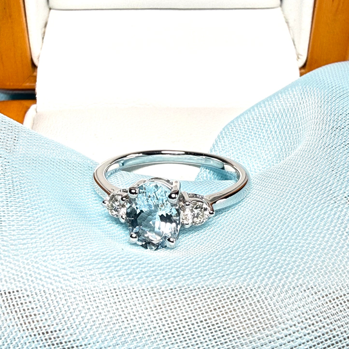 Real 1 carat aquamarine ring and diamond white gold fancy trilogy three stone dress