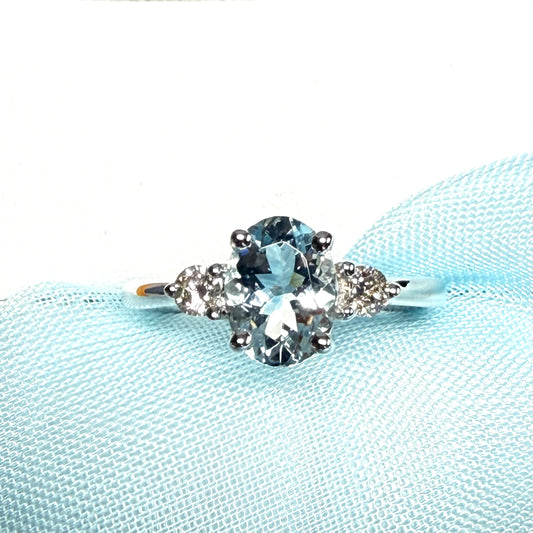 Real 1 carat aquamarine ring and diamond white gold fancy trilogy three stone dress