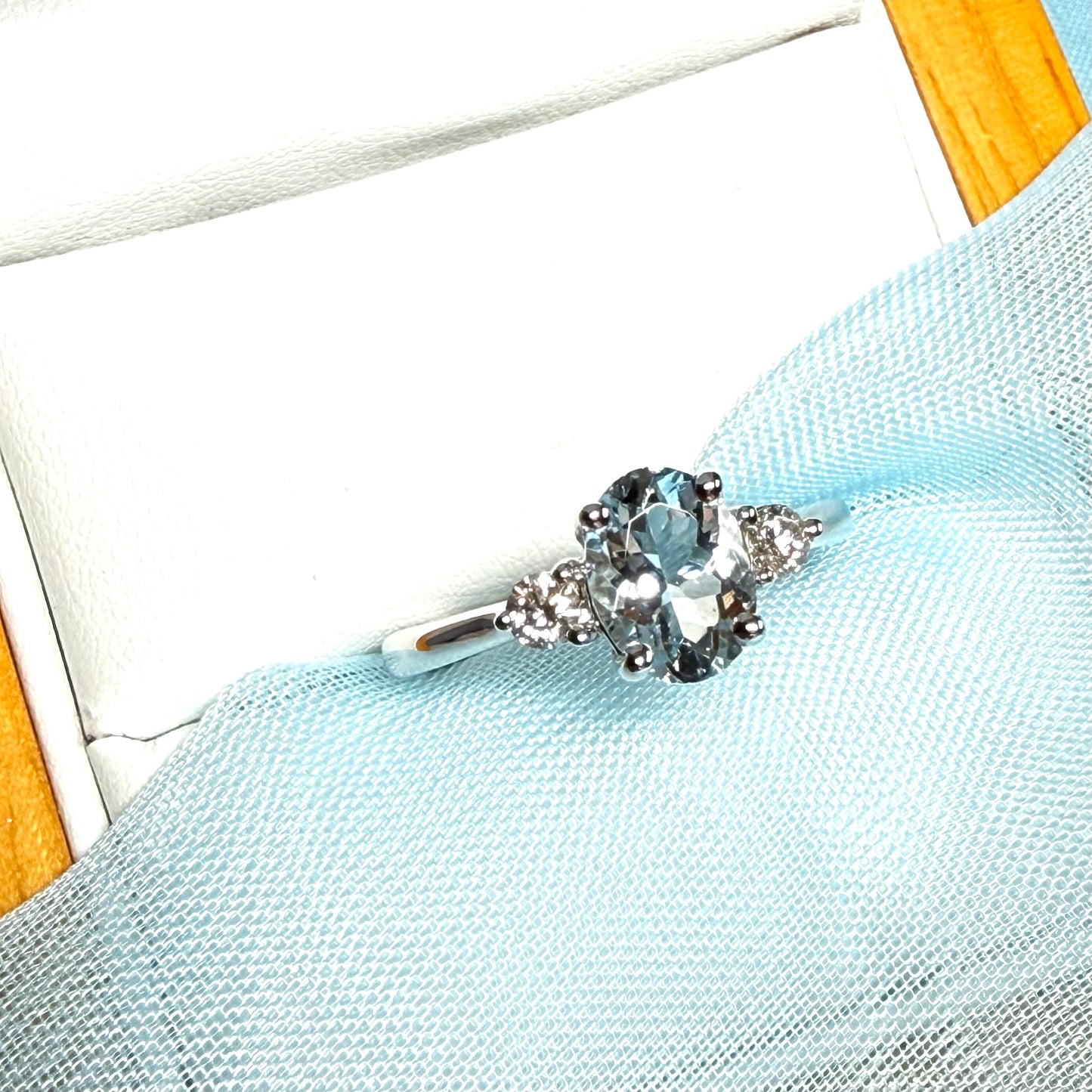 Real 1 carat aquamarine ring and diamond white gold fancy trilogy three stone dress