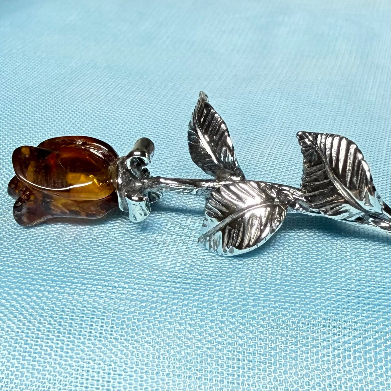 Real Amber Rose Shaped Brooch Sterling Silver