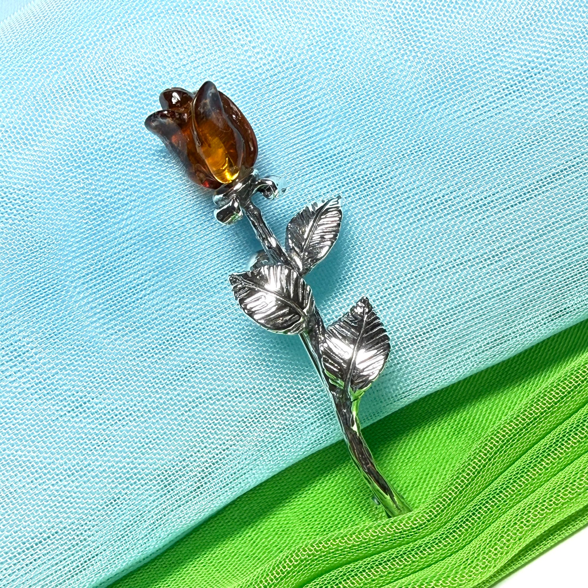 Real Amber Rose Shaped Brooch Sterling Silver