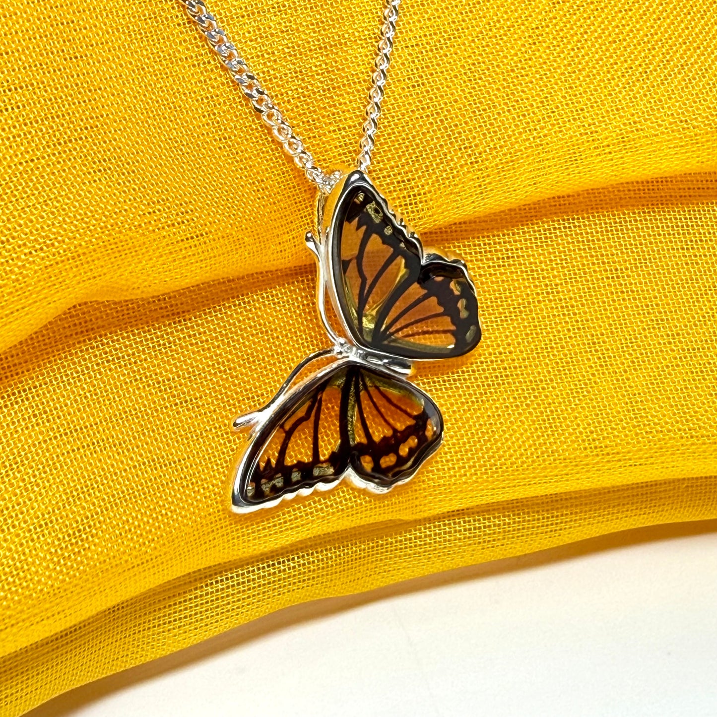 Real Amber Sterling Silver Butterfly Shaped Necklace Pendant