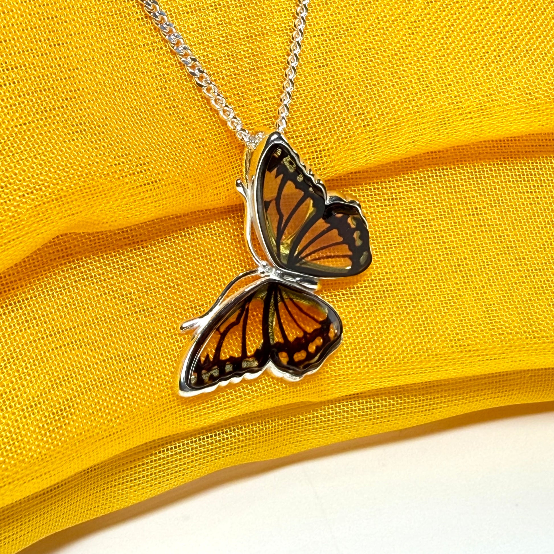 Real Amber Sterling Silver Butterfly Shaped Necklace Pendant