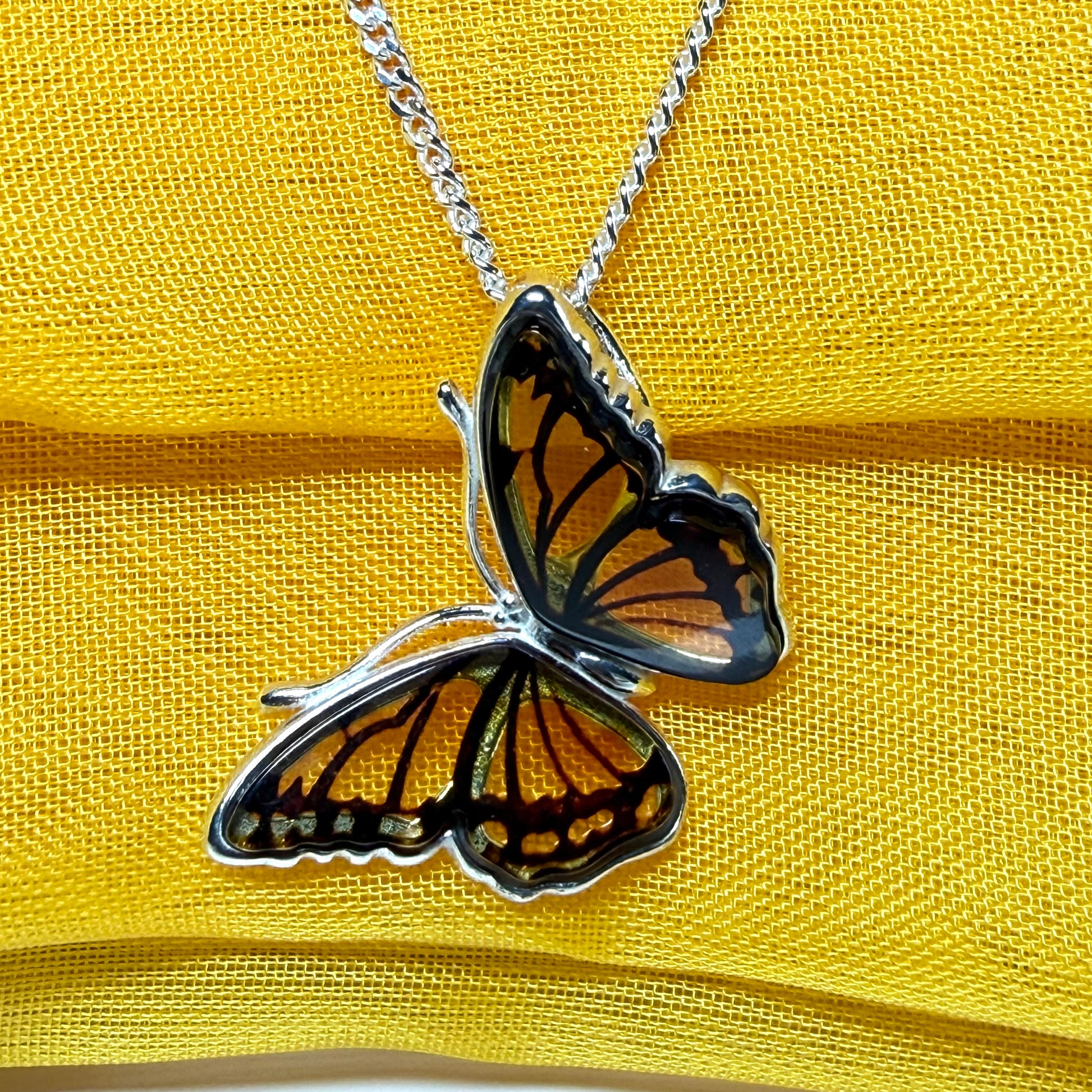 Real Amber Sterling Silver Butterfly Shaped Necklace Pendant