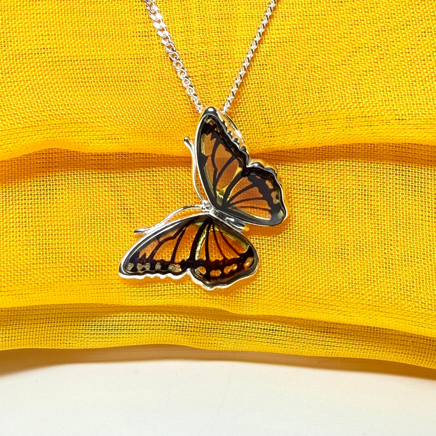 Real Amber Sterling Silver Butterfly Shaped Necklace Pendant