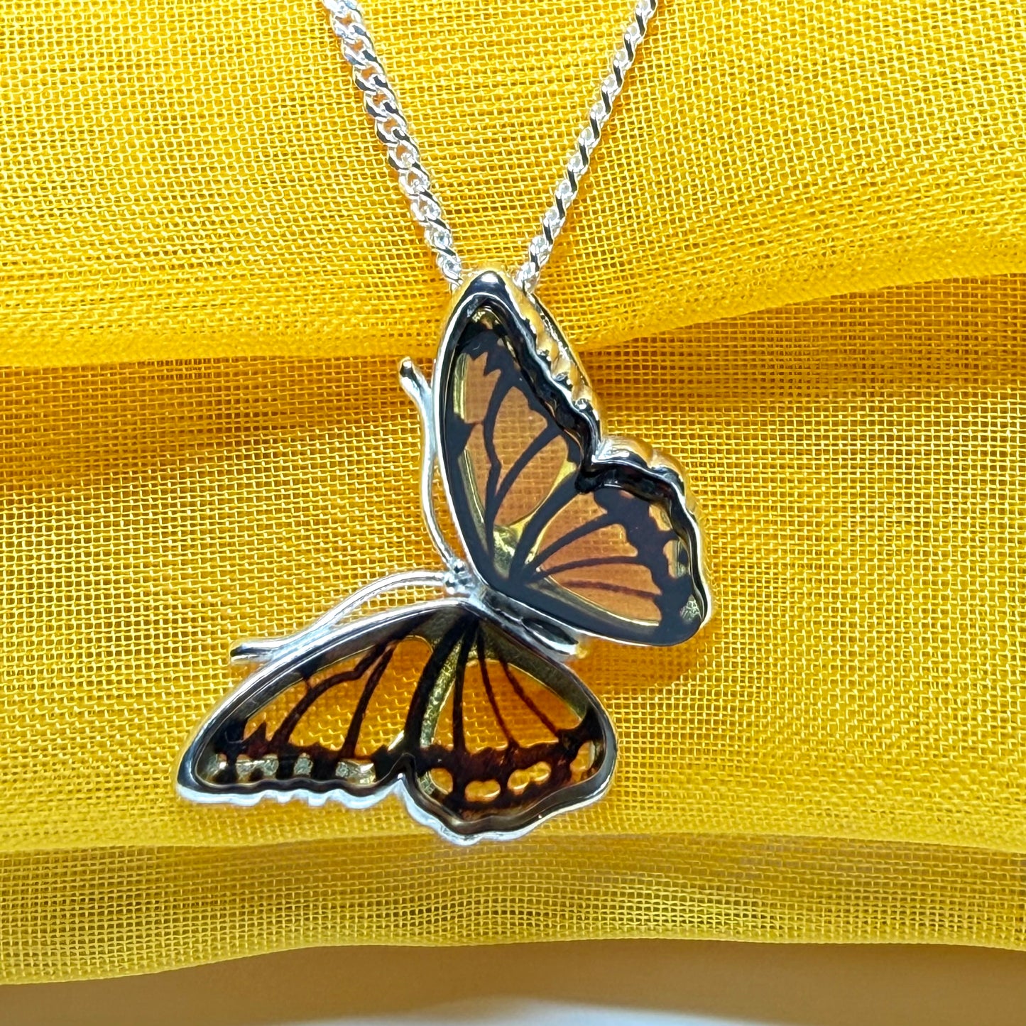 Real Amber Sterling Silver Butterfly Shaped Necklace Pendant