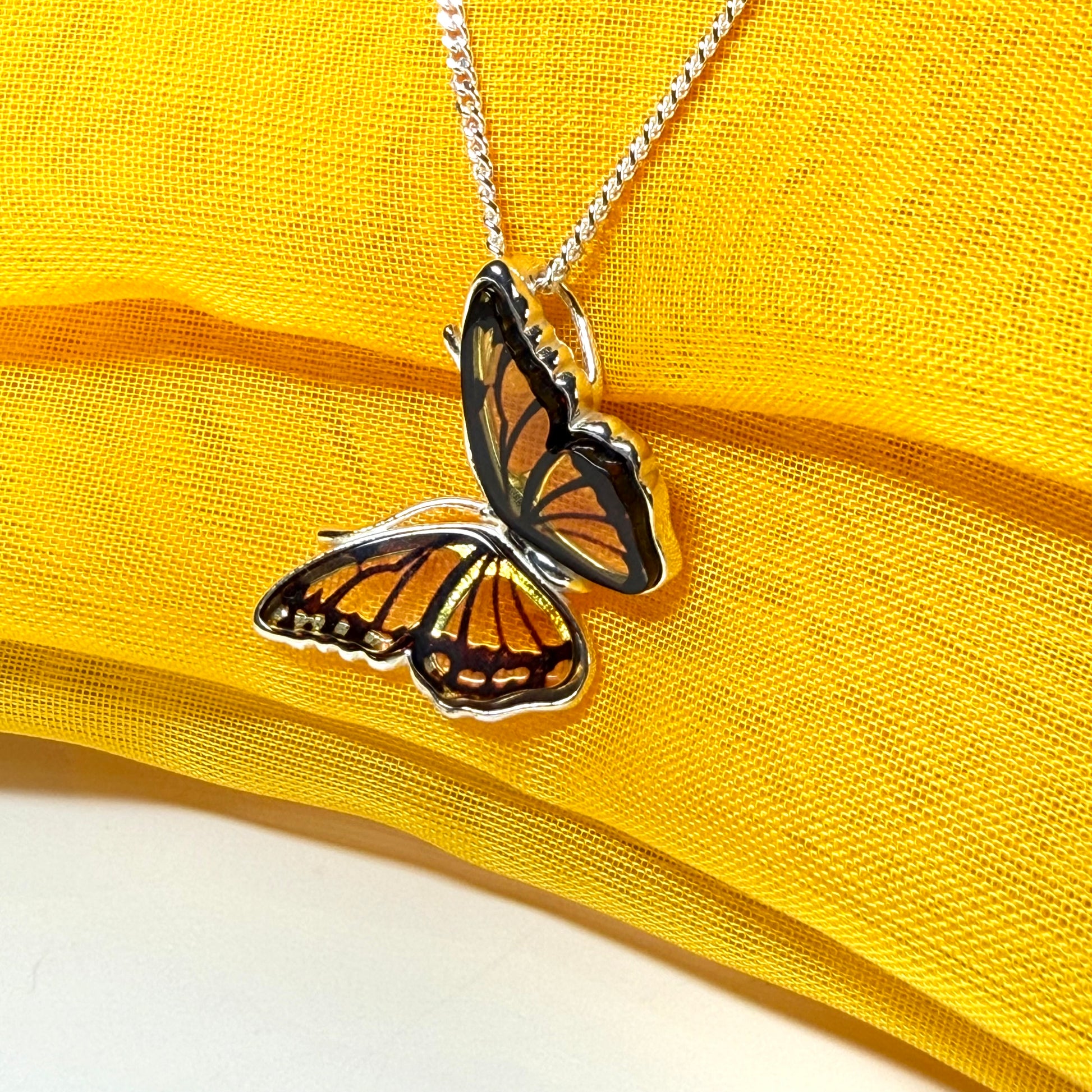 Real Amber Sterling Silver Butterfly Shaped Necklace Pendant