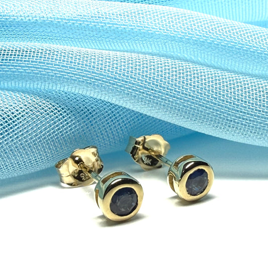 Real Blue Sapphire Stud Earrings 9ct Yellow Gold – Round Cut 4.5mm | September Birthstone Gift