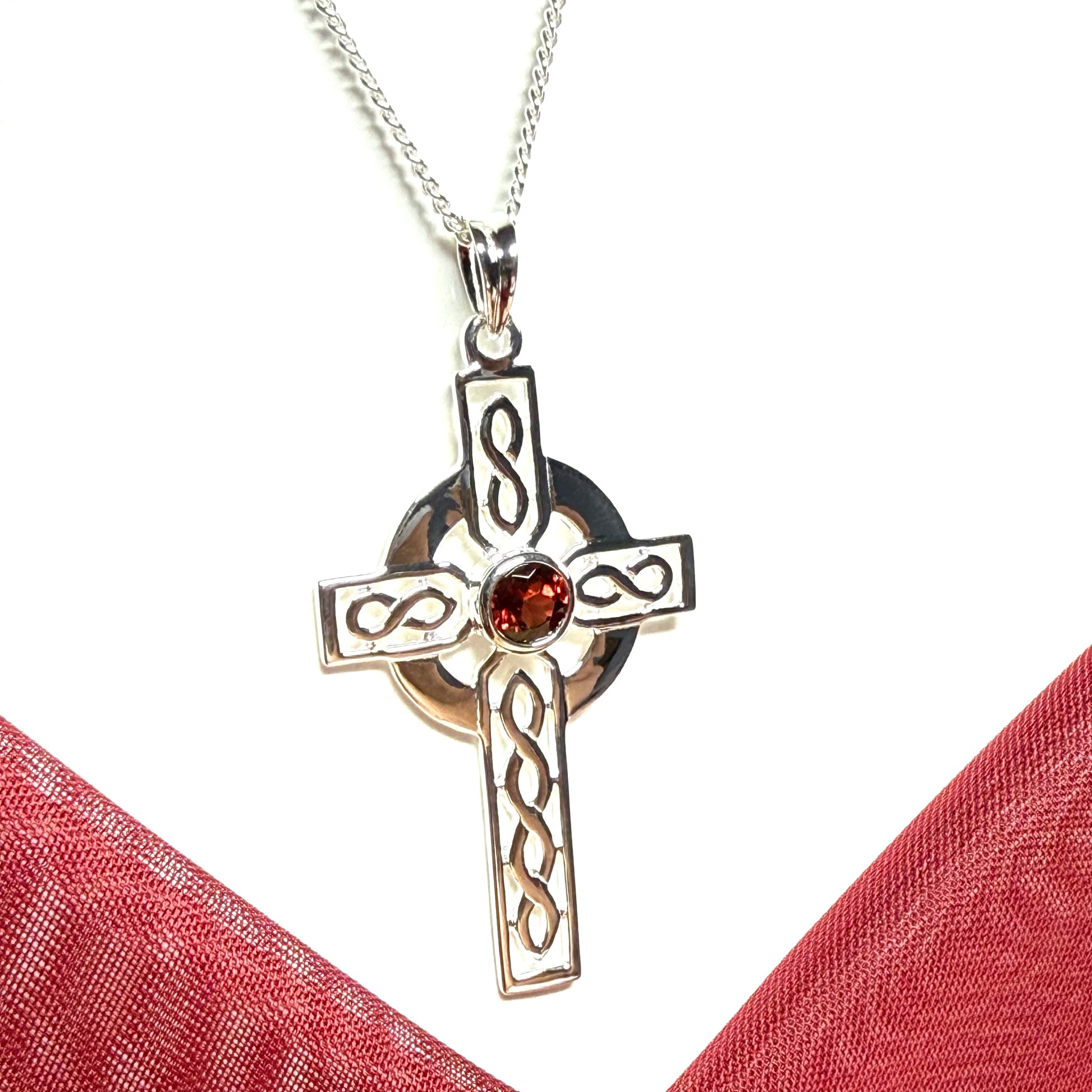 Real Garnet Sterling Silver Celtic Cross Including Chain