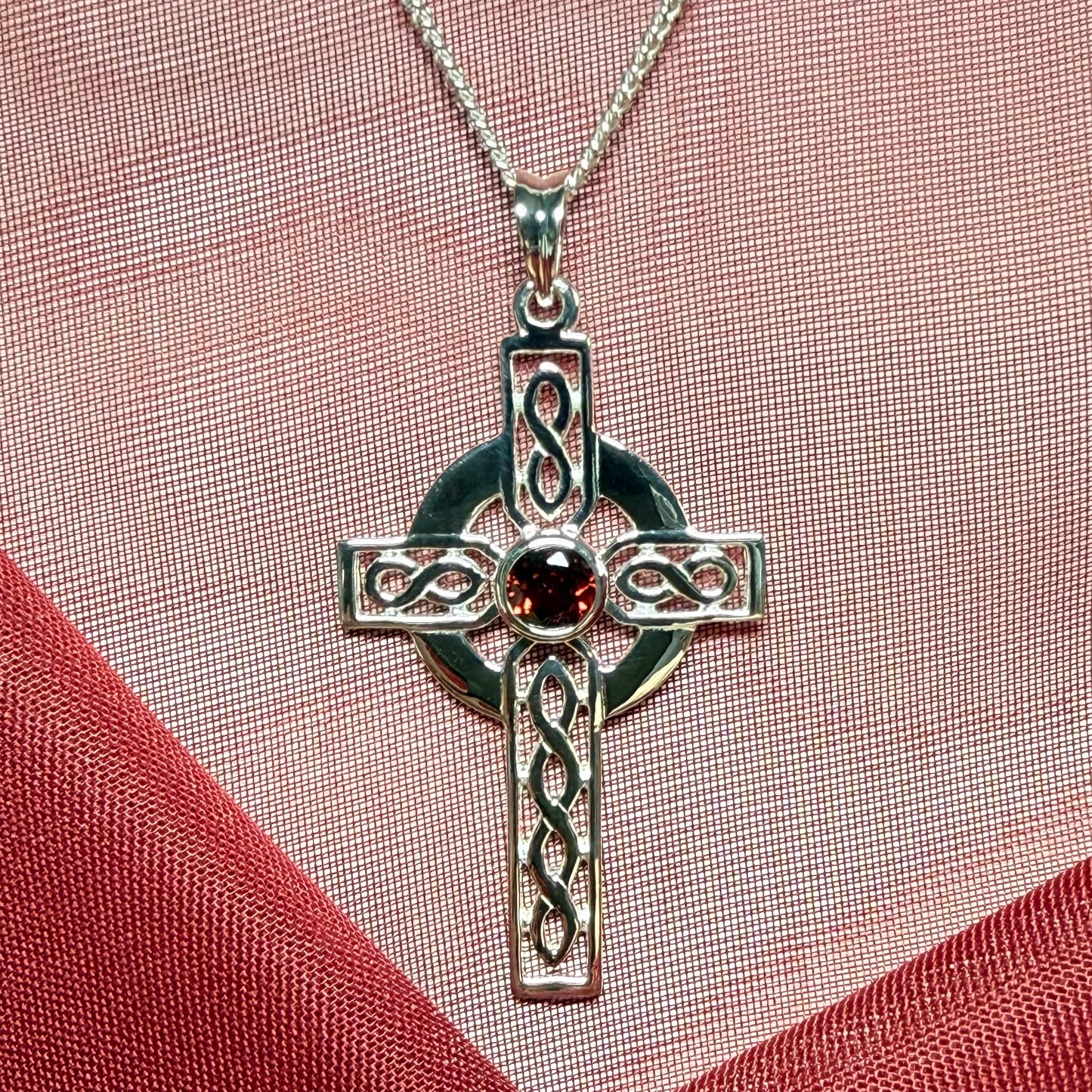 Real Garnet Sterling Silver Celtic Cross With Chain