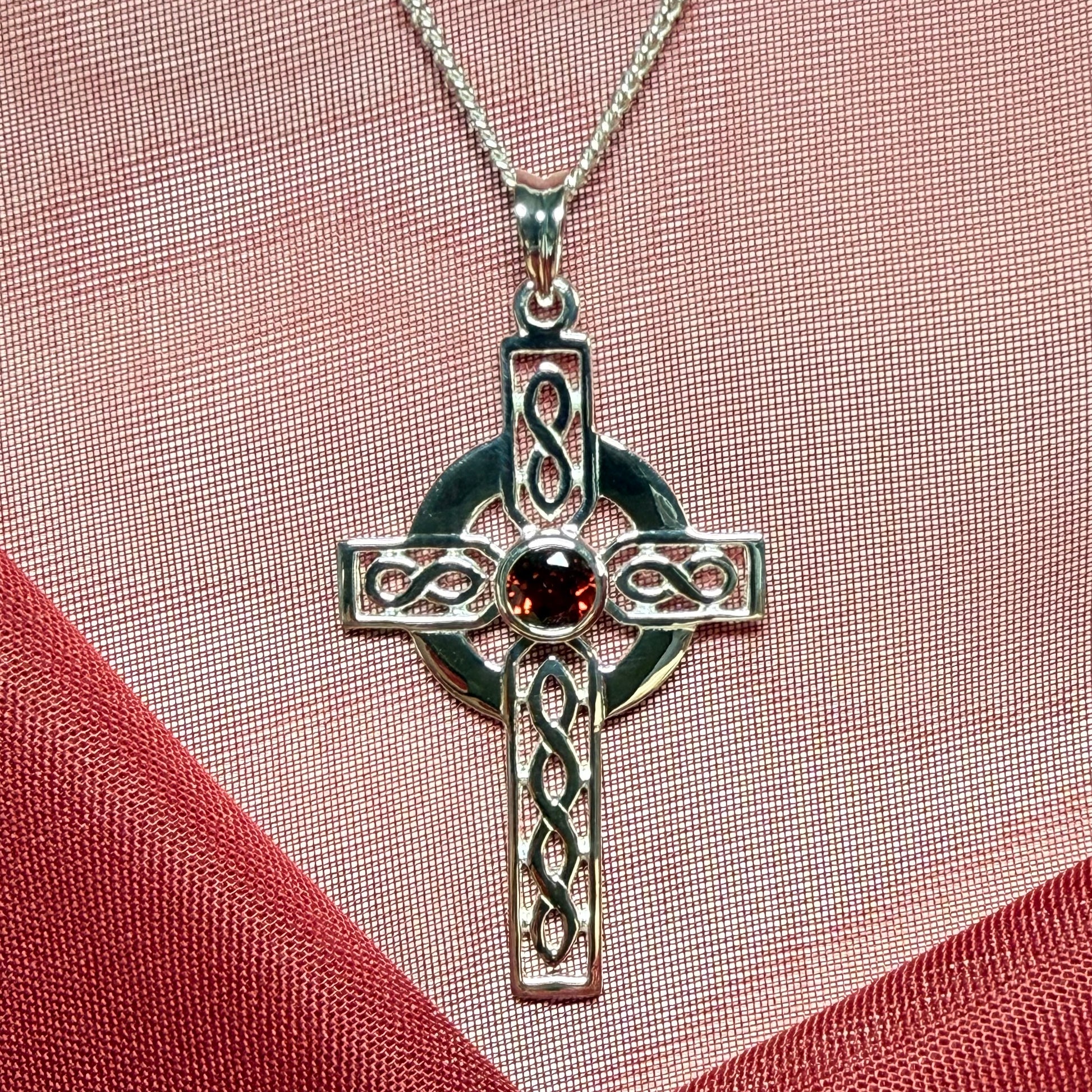 Real Garnet Sterling Silver Celtic Cross With Chain