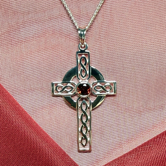Real Garnet Sterling Silver Celtic Cross With Chain