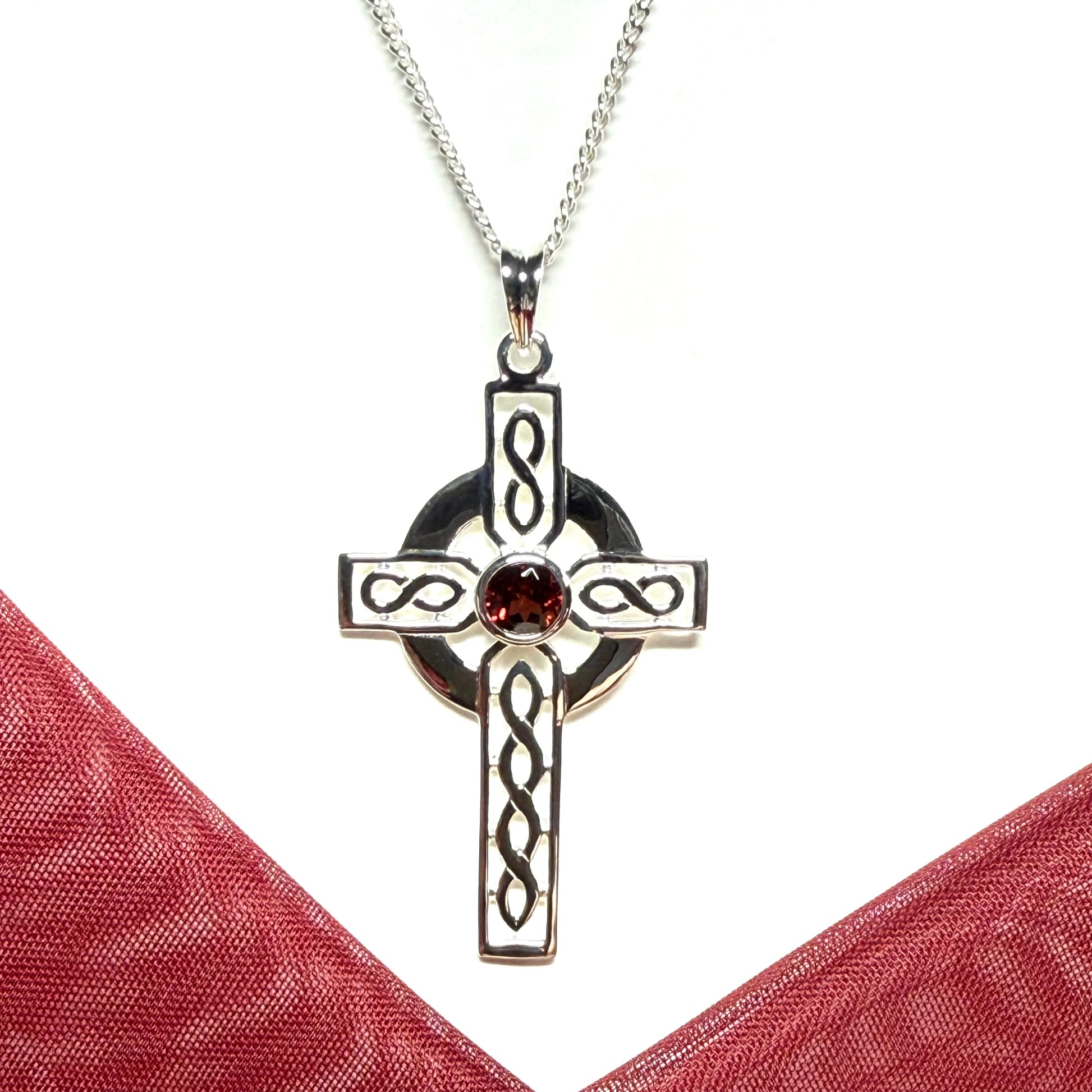 Real Garnet Sterling Silver Celtic Cross With Chain