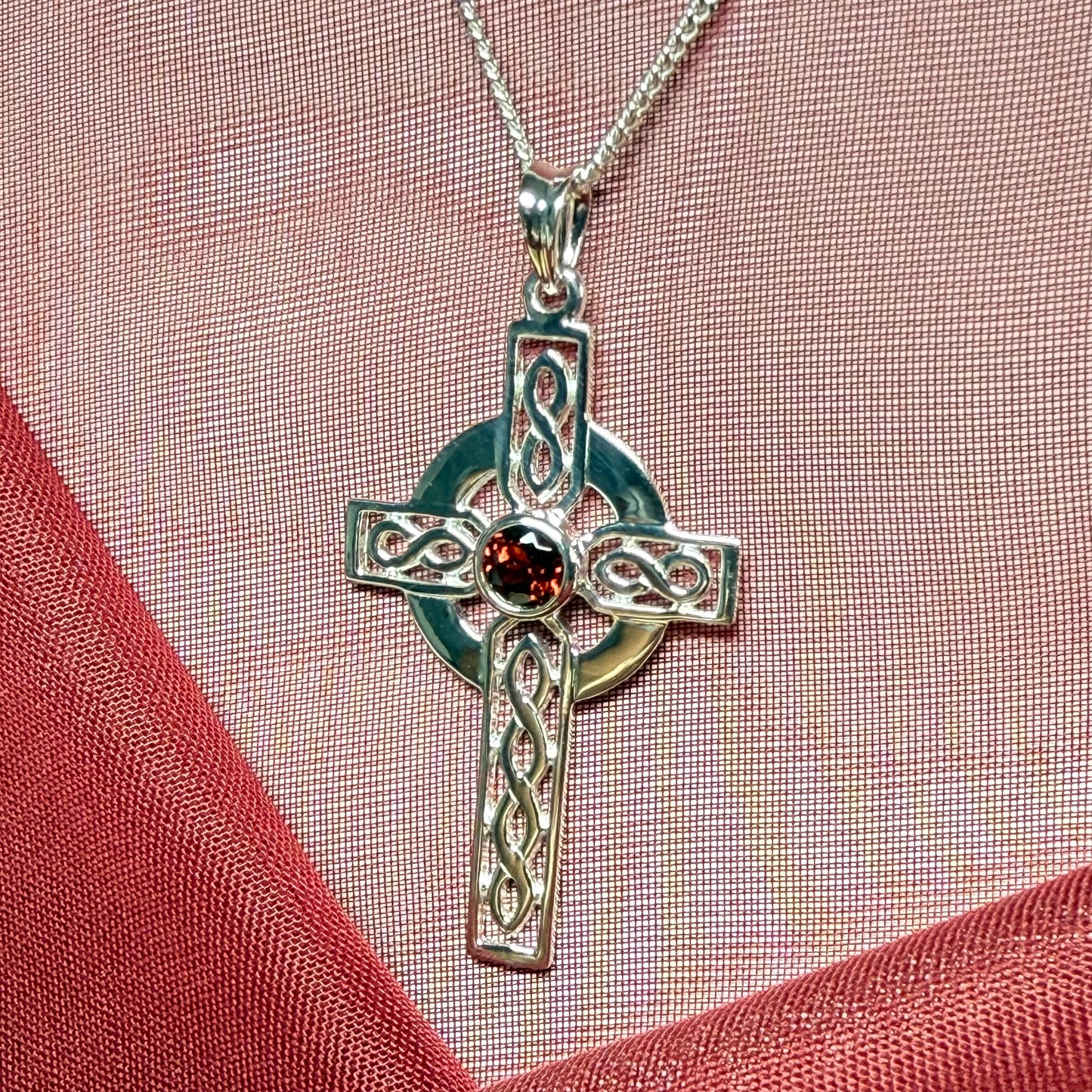 Real Garnet Sterling Silver Celtic Cross Including Chain