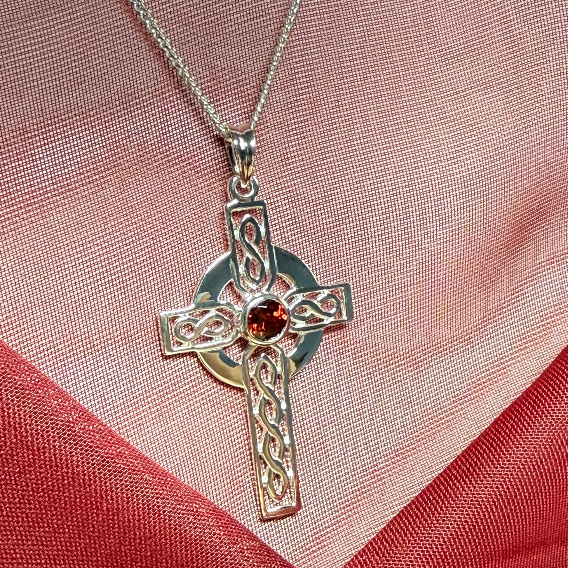 Real Garnet Sterling Silver Celtic Cross With Chain
